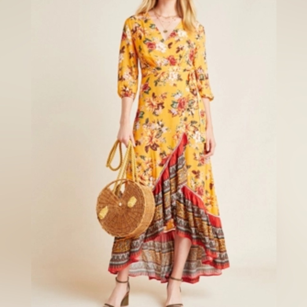 FARM Rio for Anthropologie Soigne Wrap Maxi Dress Tropical Size XS